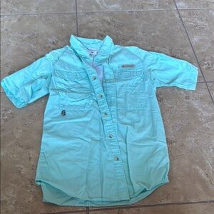 Columbia Kids Teal Light Blue Button Down Shirt Fishing PFG Shirt Size YL